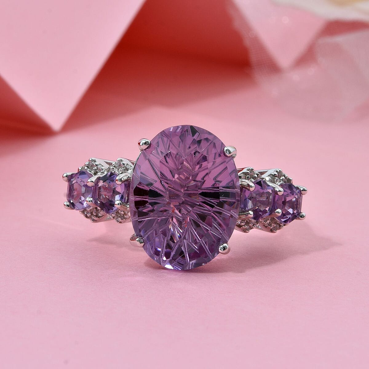Honeycomb Cut Rose De France Amethyst and White Zircon 11.40 ctw Baroque Ring in Rhodium Over Sterling Silver (Size 8.0) image number 1