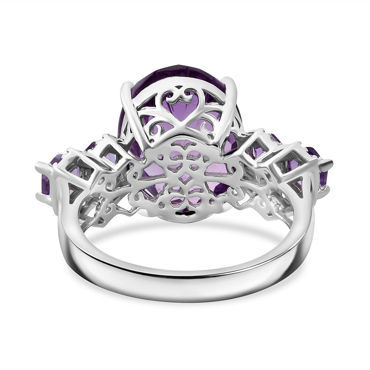 Honeycomb Cut Rose De France Amethyst and White Zircon 11.40 ctw Baroque Ring in Rhodium Over Sterling Silver (Size 8.0) image number 4