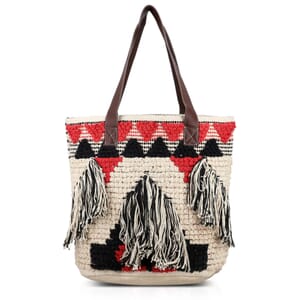 Pink Cotton and Jacquard Tote Bag with Faux Leather Handle