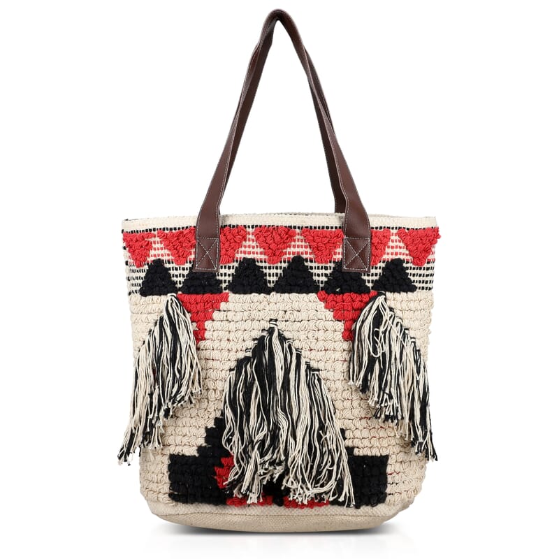 Pink Cotton and Jacquard Tote Bag with Faux Leather Handle