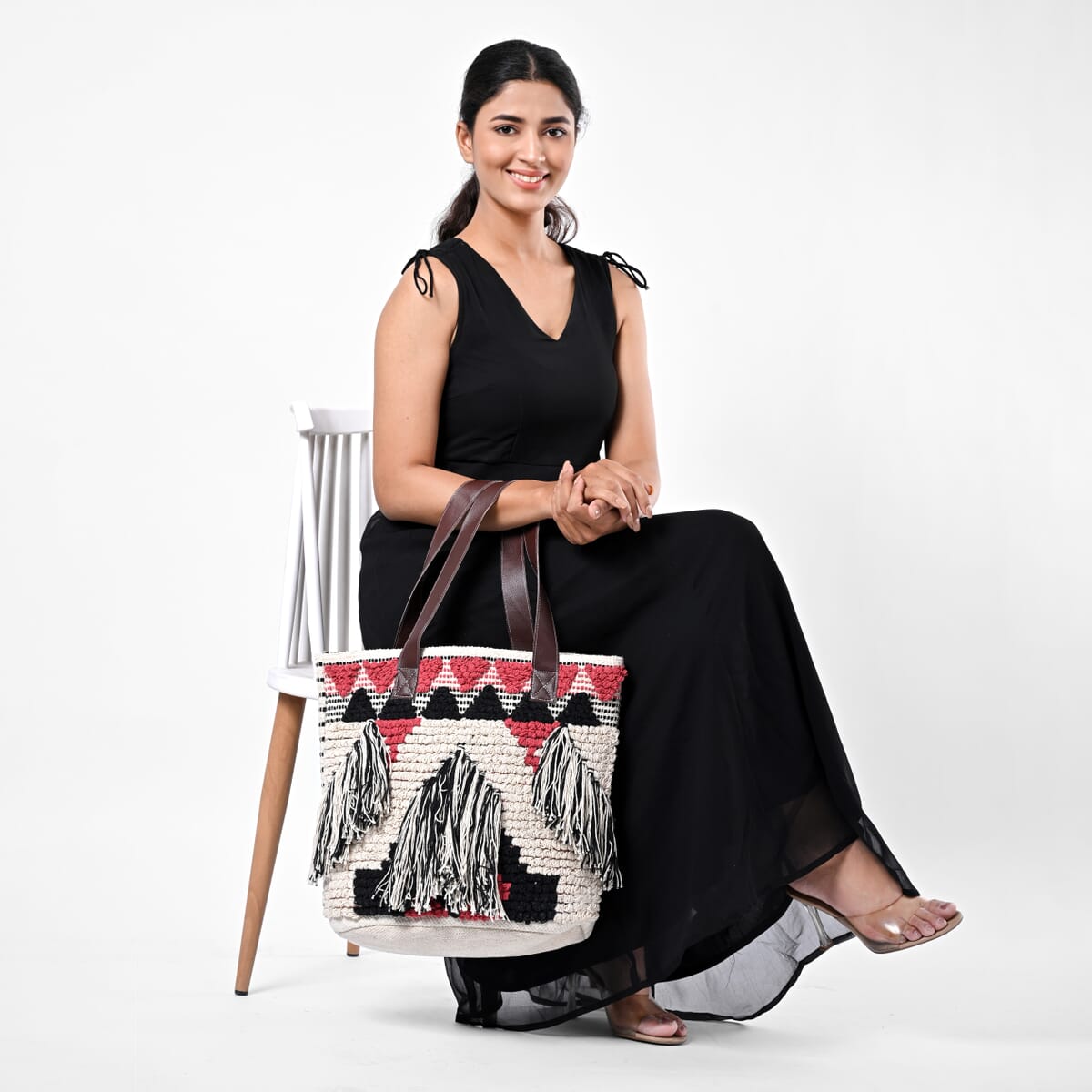 Pink Cotton and Jacquard Tote Bag with Faux Leather Handle image number 1