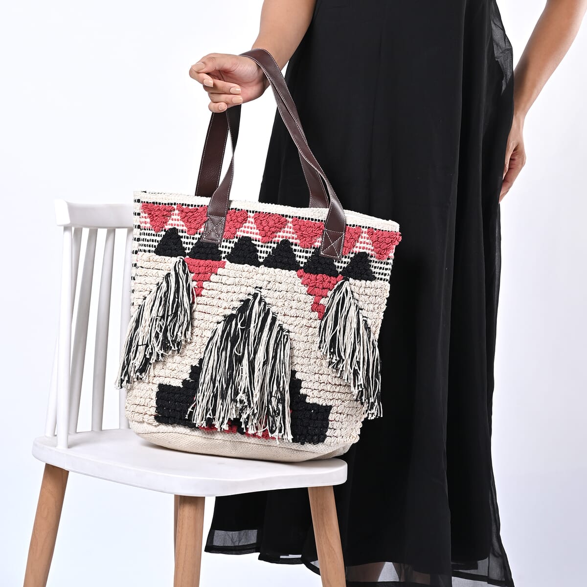 Pink Cotton and Jacquard Tote Bag with Faux Leather Handle image number 2