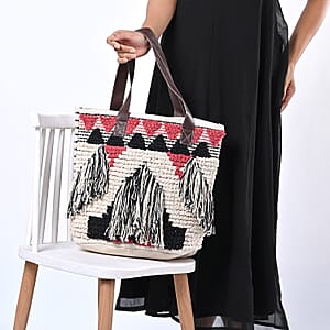 Pink Cotton and Jacquard Tote Bag with Faux Leather Handle