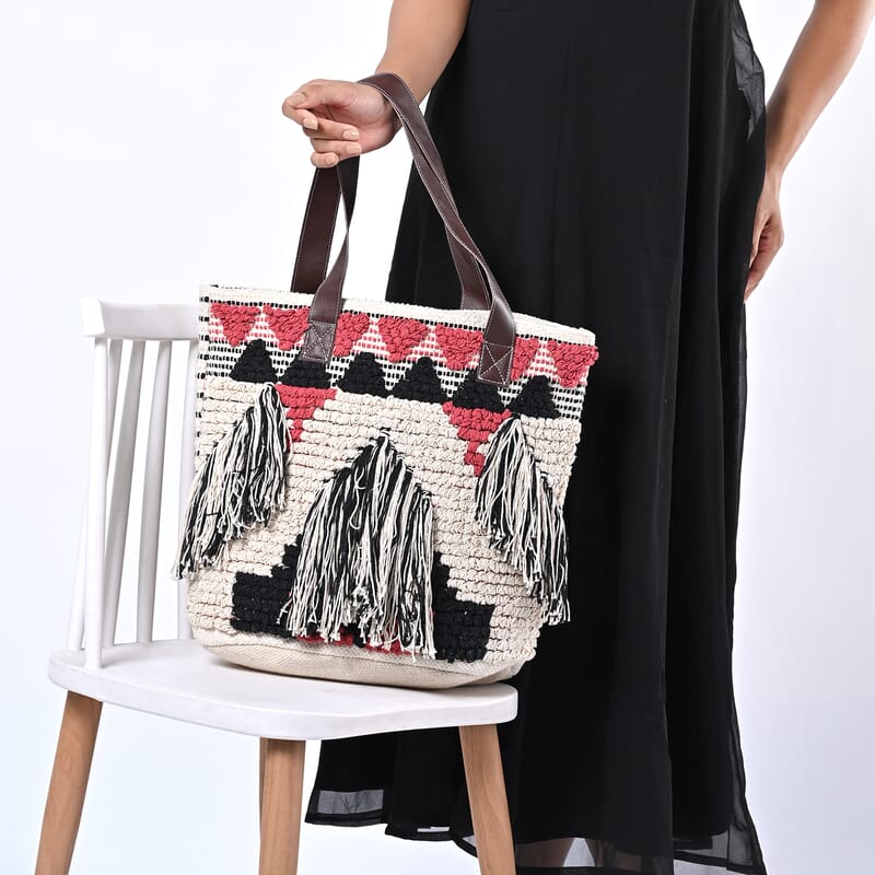 Pink Cotton and Jacquard Tote Bag with Faux Leather Handle
