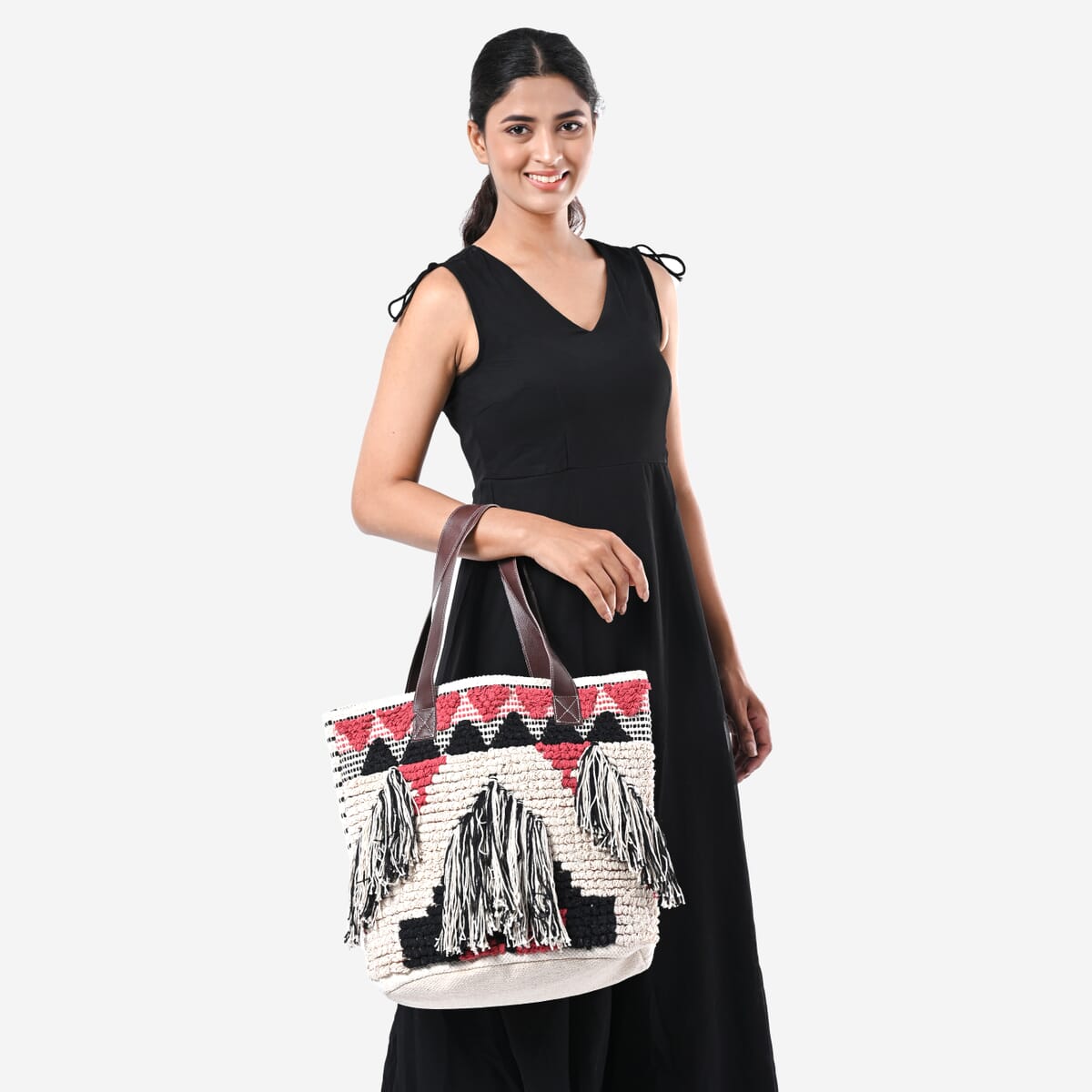 Pink Cotton and Jacquard Tote Bag with Faux Leather Handle image number 3