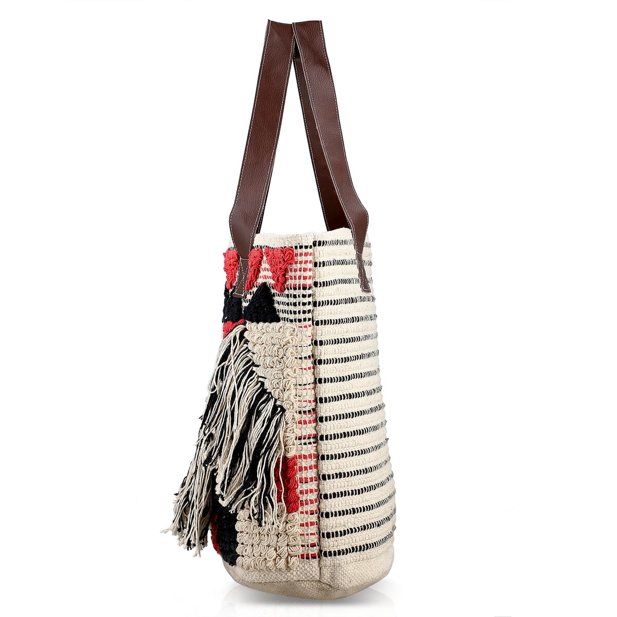 Pink Cotton and Jacquard Tote Bag with Faux Leather Handle image number 6