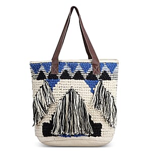Blue Cotton and Jacquard Tote Bag with Faux Leather Handle
