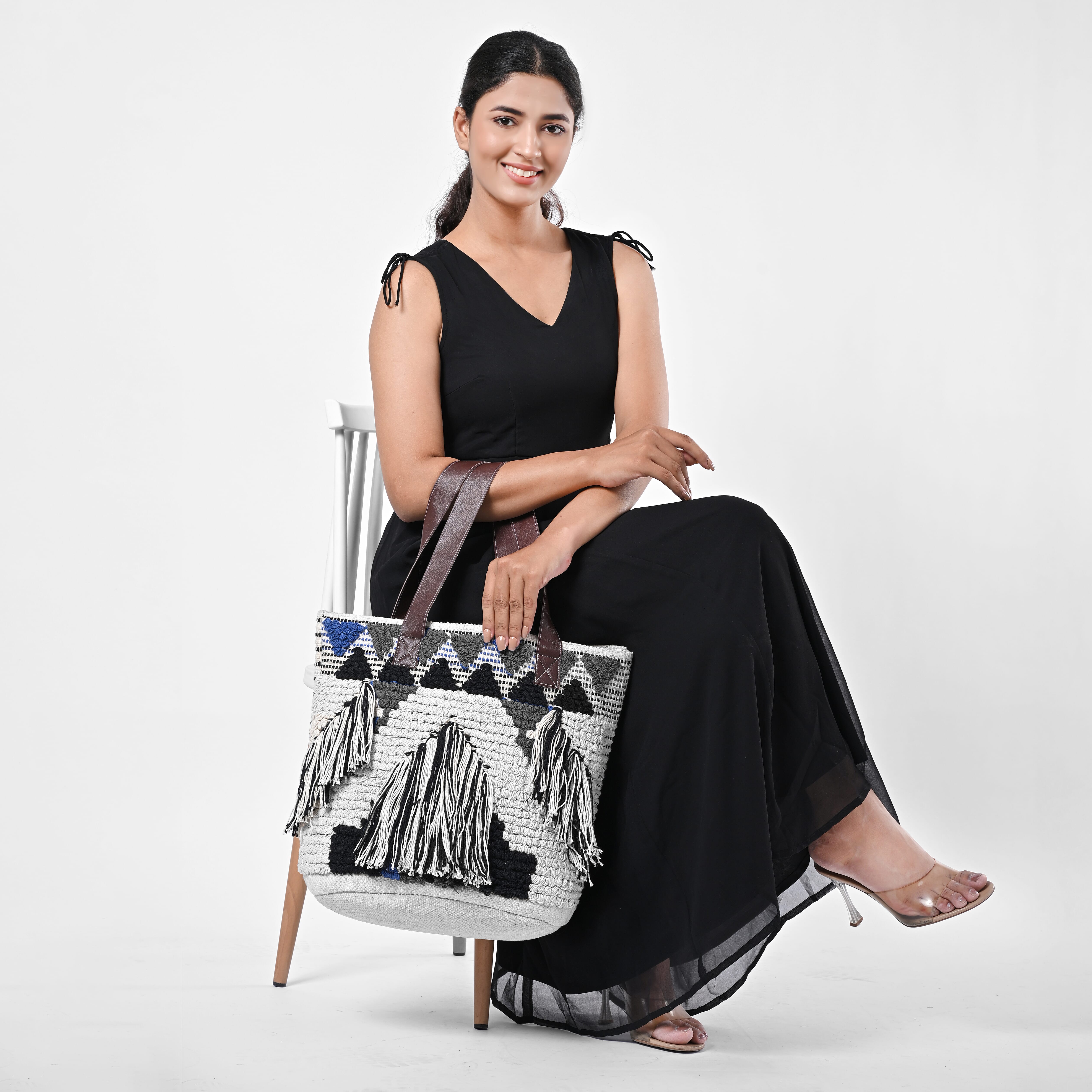 Blue Cotton and Jacquard Tote Bag with Faux Leather Handle