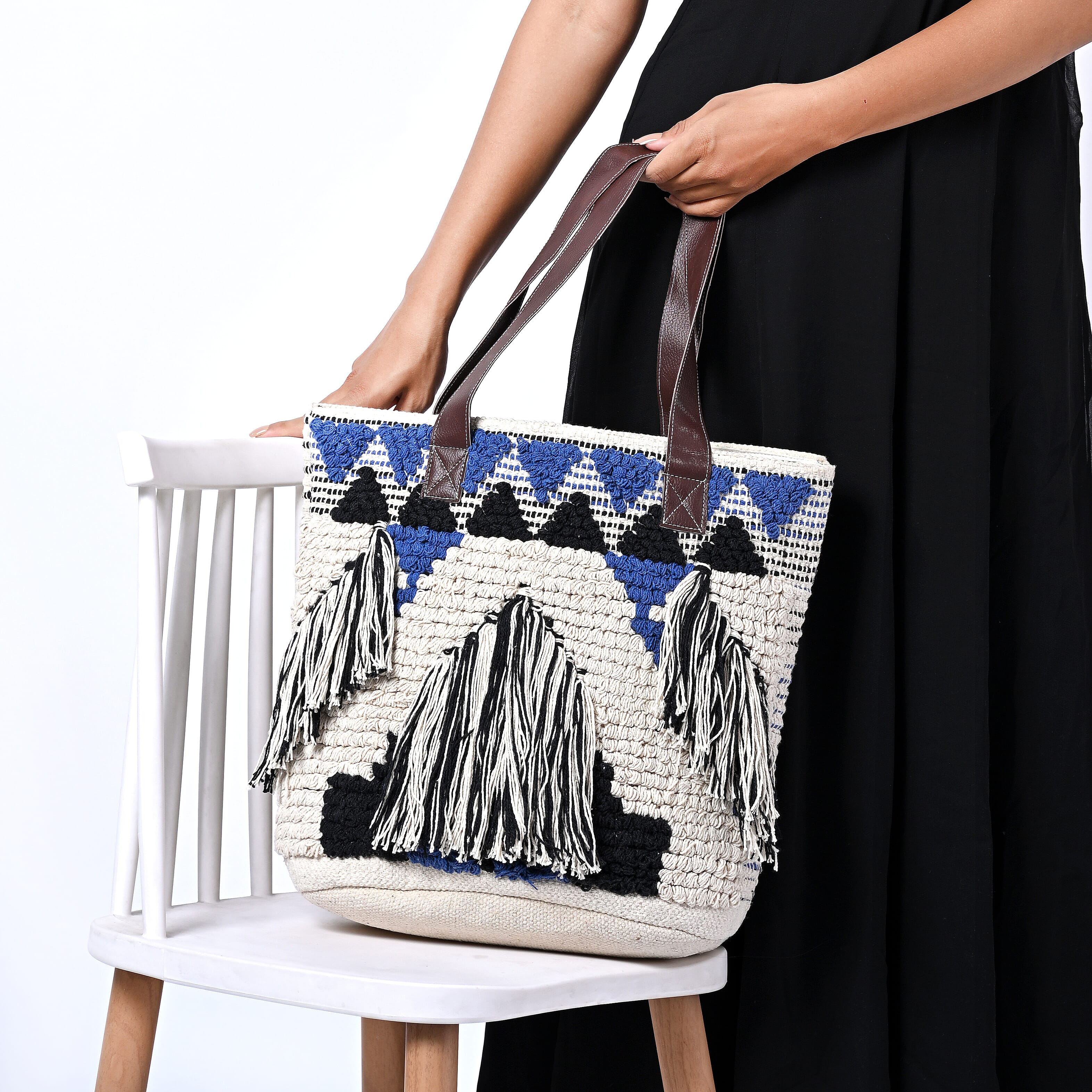 Blue Cotton and Jacquard Tote Bag with Faux Leather Handle