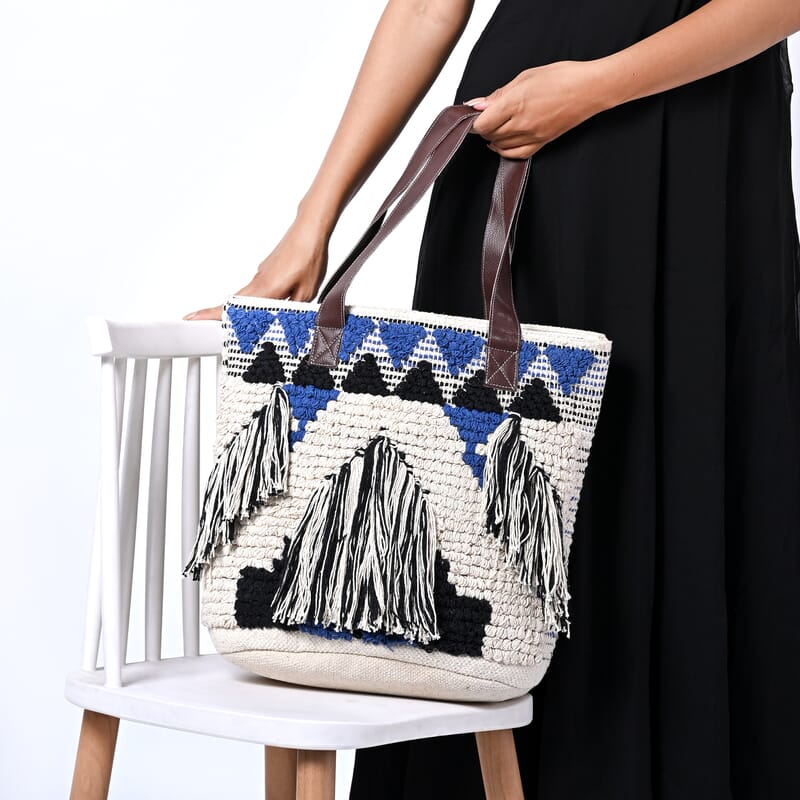 Blue Cotton and Jacquard Tote Bag with Faux Leather Handle