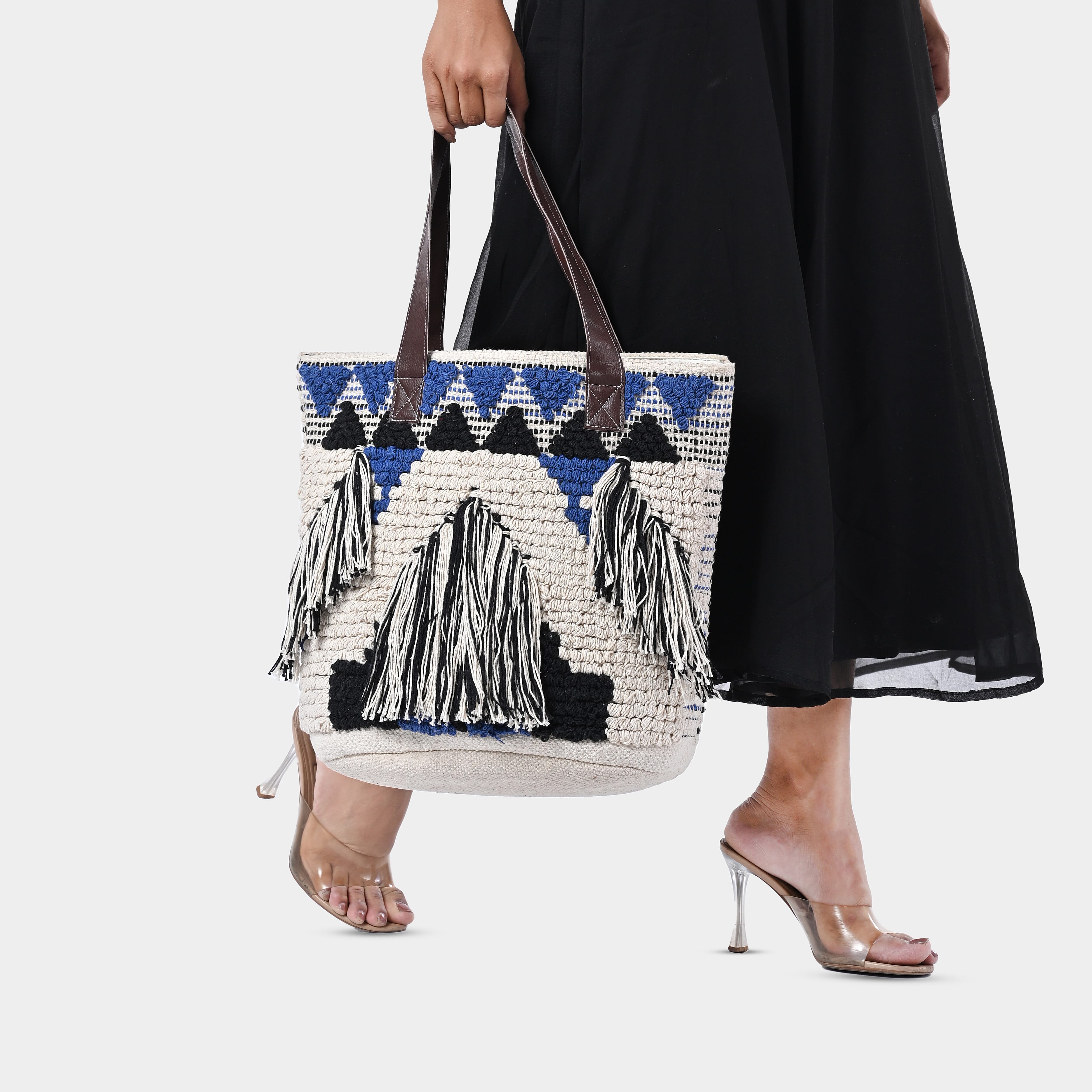 Blue Cotton and Jacquard Tote Bag with Faux Leather Handle