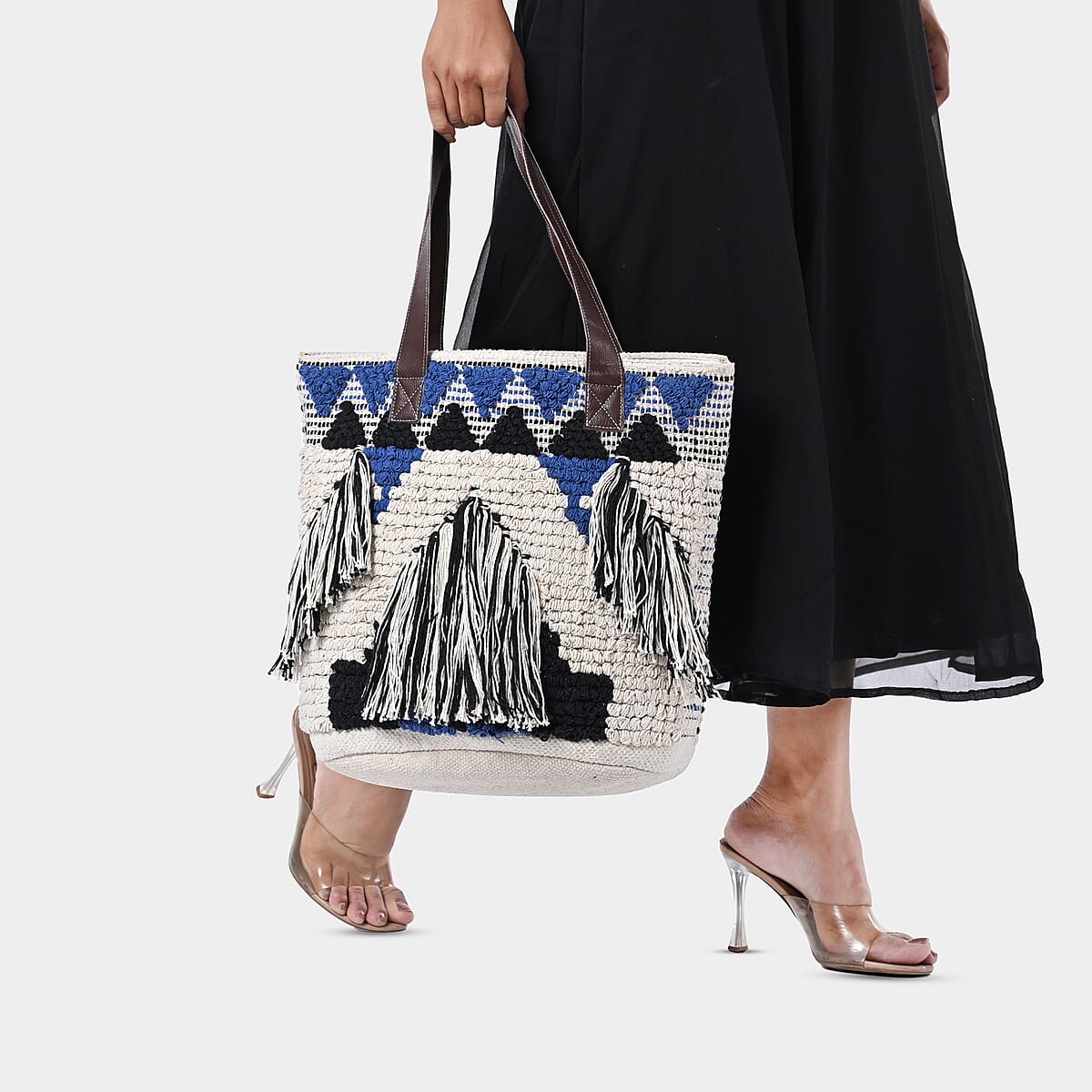 Blue Cotton and Jacquard Tote Bag with Faux Leather Handle image number 3