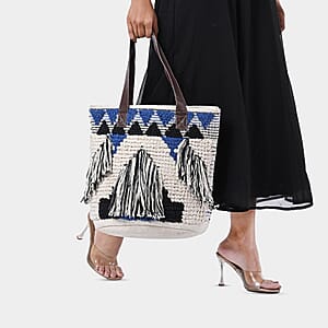 Blue Cotton and Jacquard Tote Bag with Faux Leather Handle