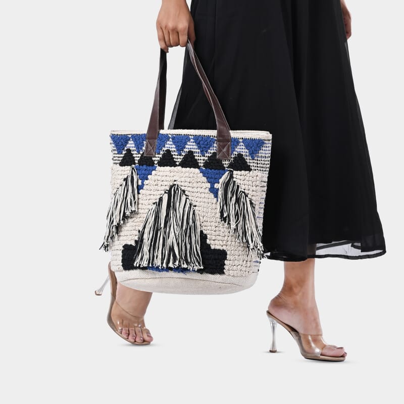 Blue Cotton and Jacquard Tote Bag with Faux Leather Handle