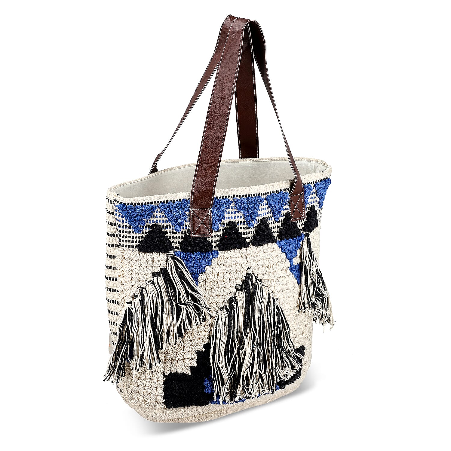 Blue Cotton and Jacquard Tote Bag with Faux Leather Handle