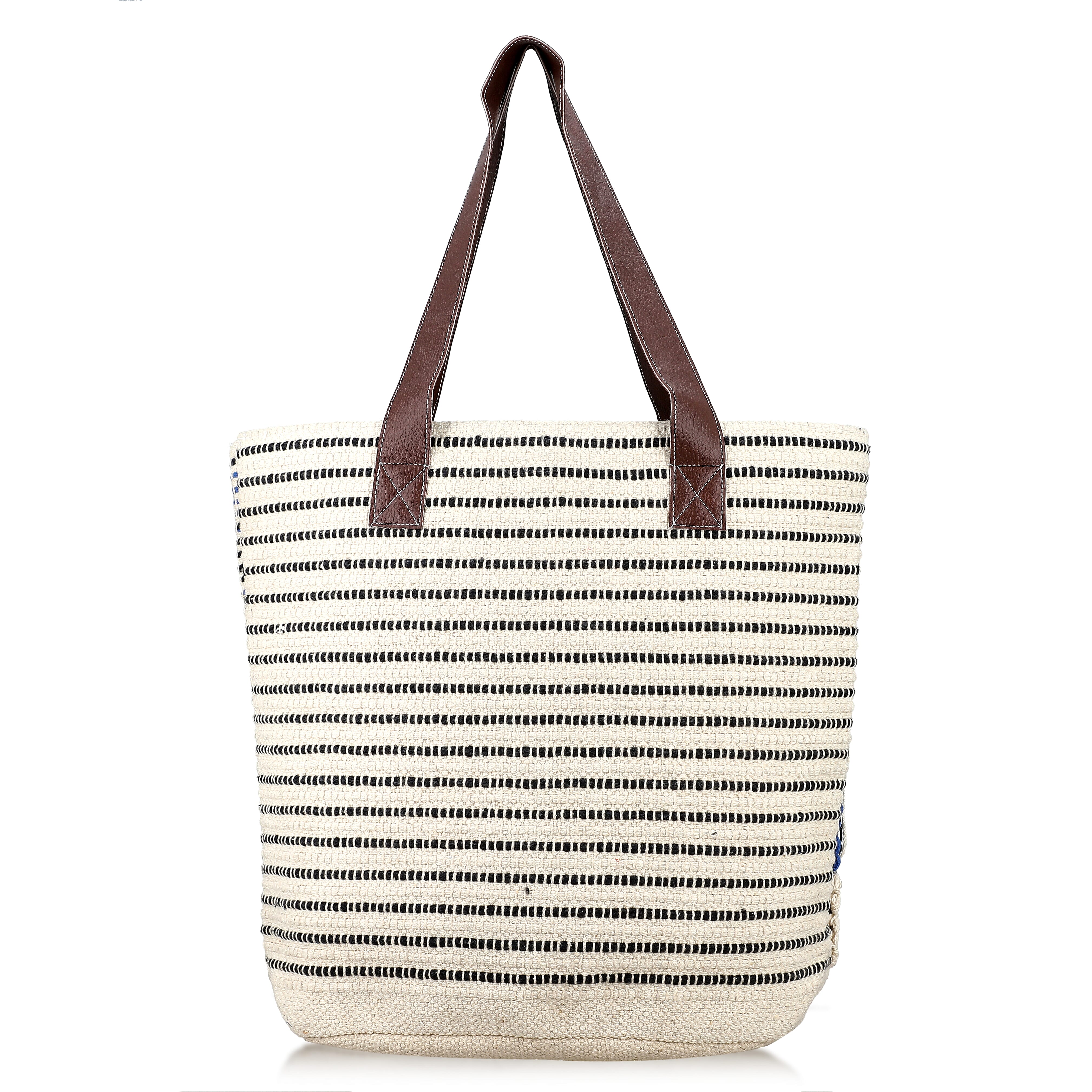 Blue Cotton and Jacquard Tote Bag with Faux Leather Handle
