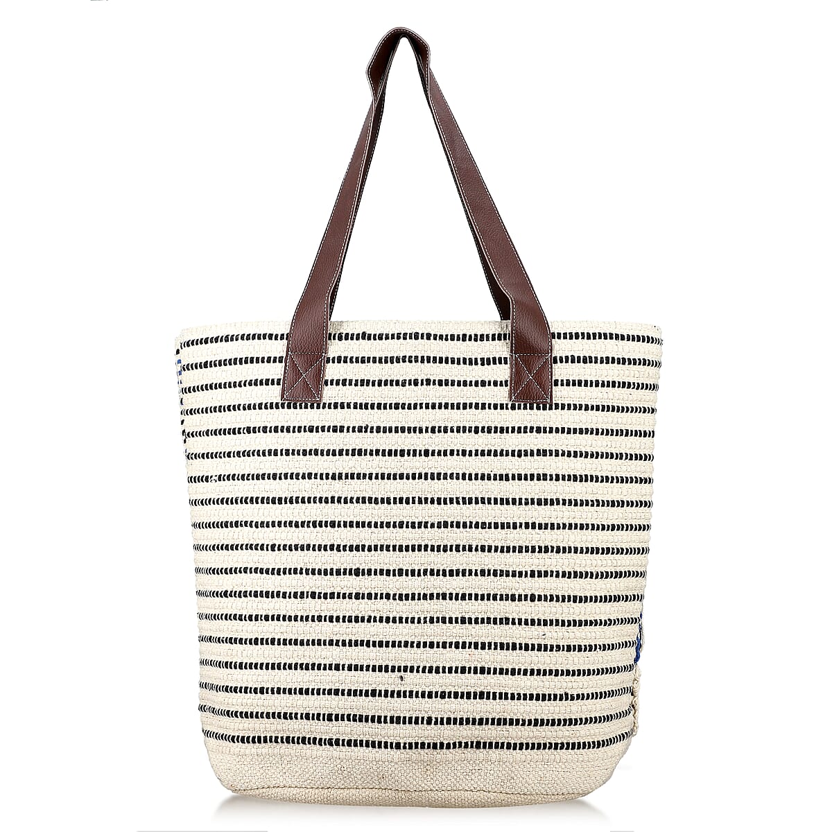 Blue Cotton and Jacquard Tote Bag with Faux Leather Handle image number 5