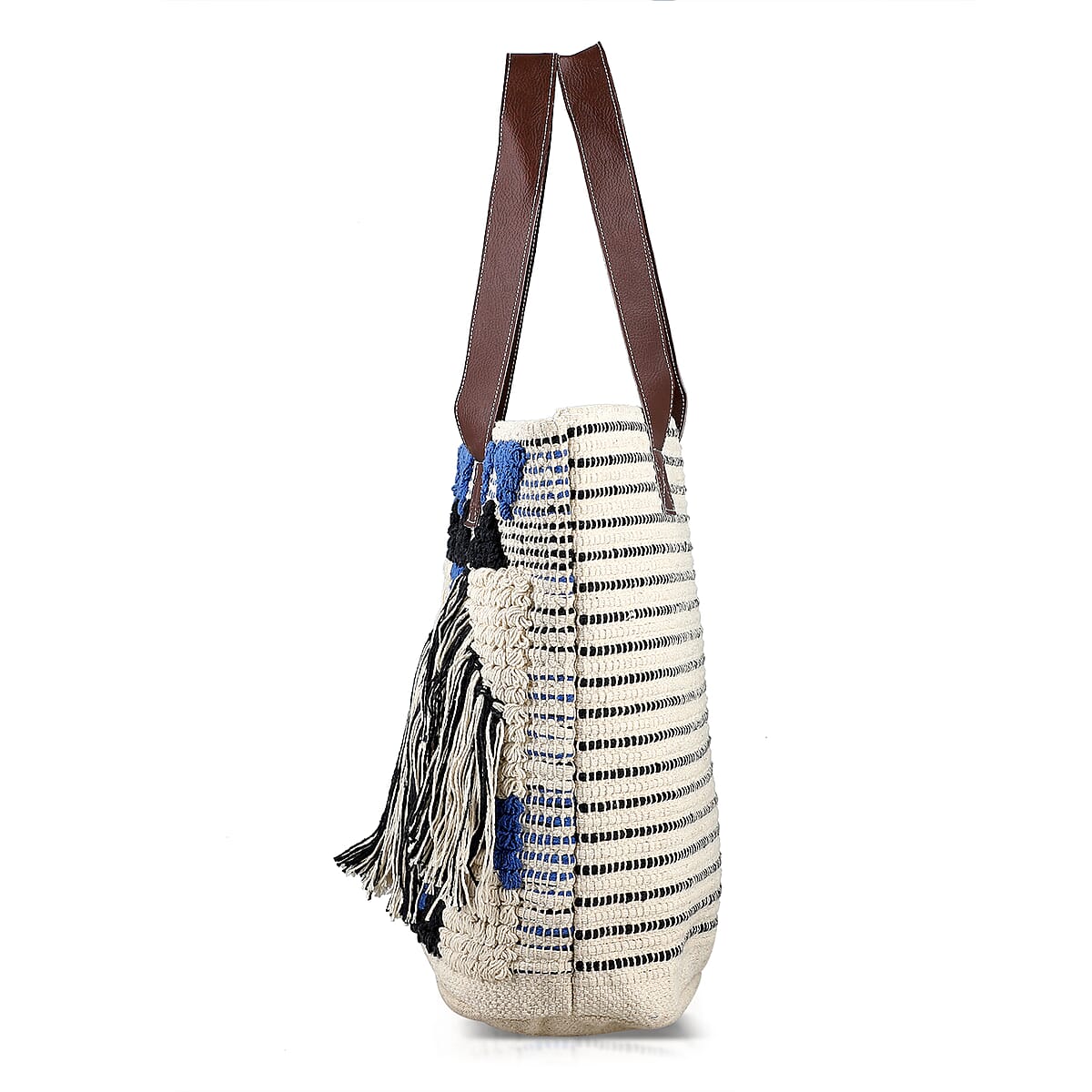 Blue Cotton and Jacquard Tote Bag with Faux Leather Handle image number 6