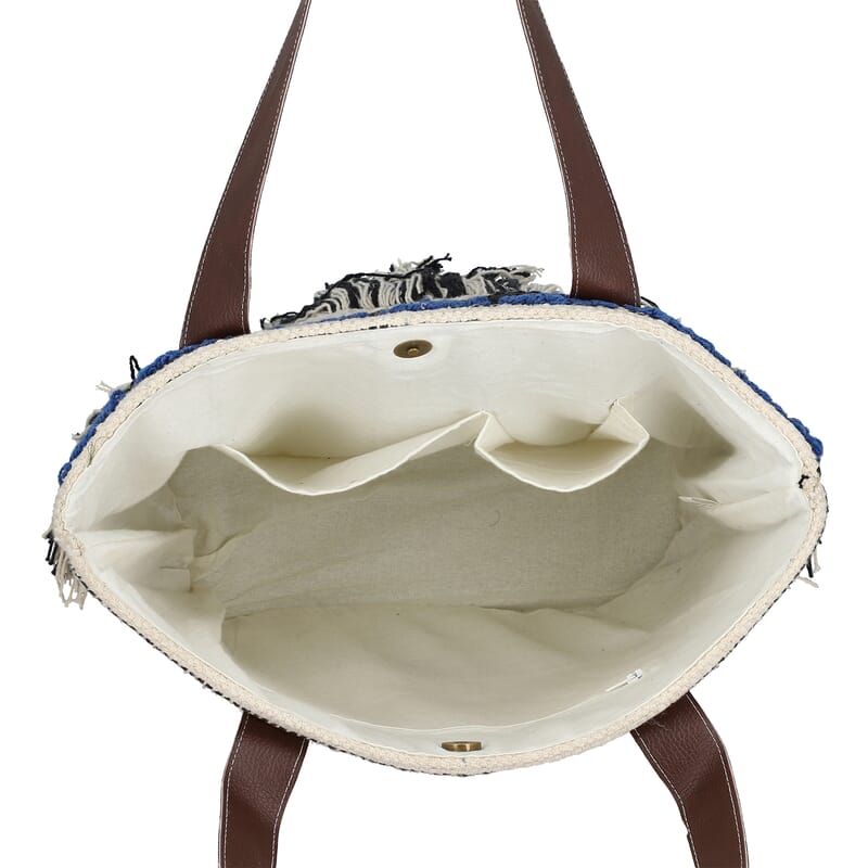 Blue Cotton and Jacquard Tote Bag with Faux Leather Handle