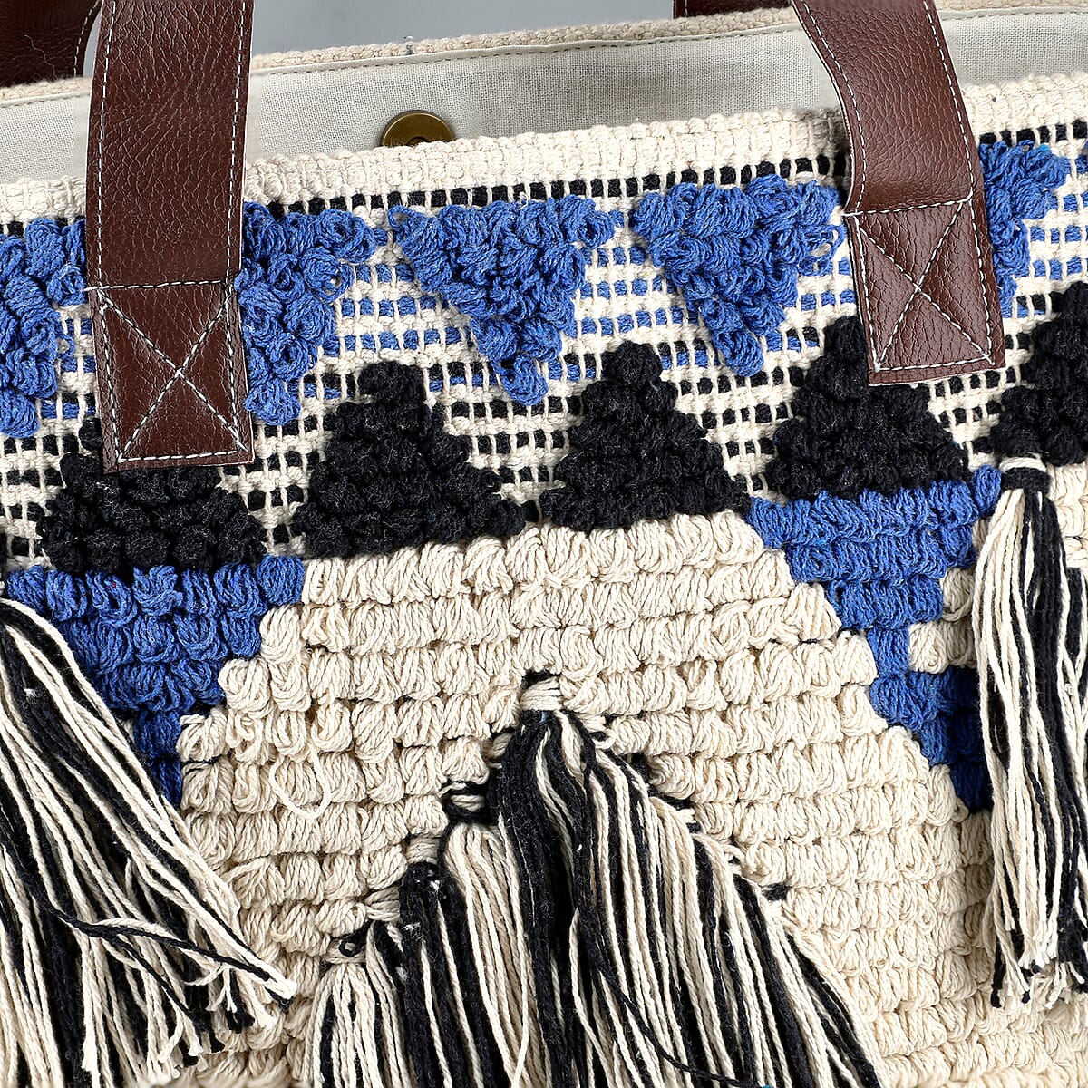 Blue Cotton and Jacquard Tote Bag with Faux Leather Handle image number 9