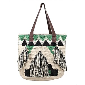 Green Cotton and Jacquard Tote Bag with Faux Leather Handle