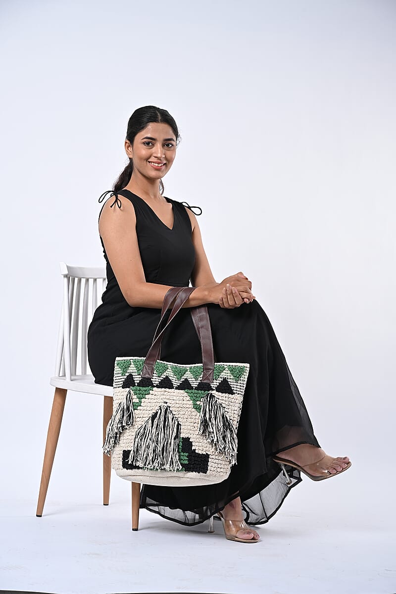 Green Cotton and Jacquard Tote Bag with Faux Leather Handle image number 1