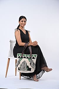 Green Cotton and Jacquard Tote Bag with Faux Leather Handle