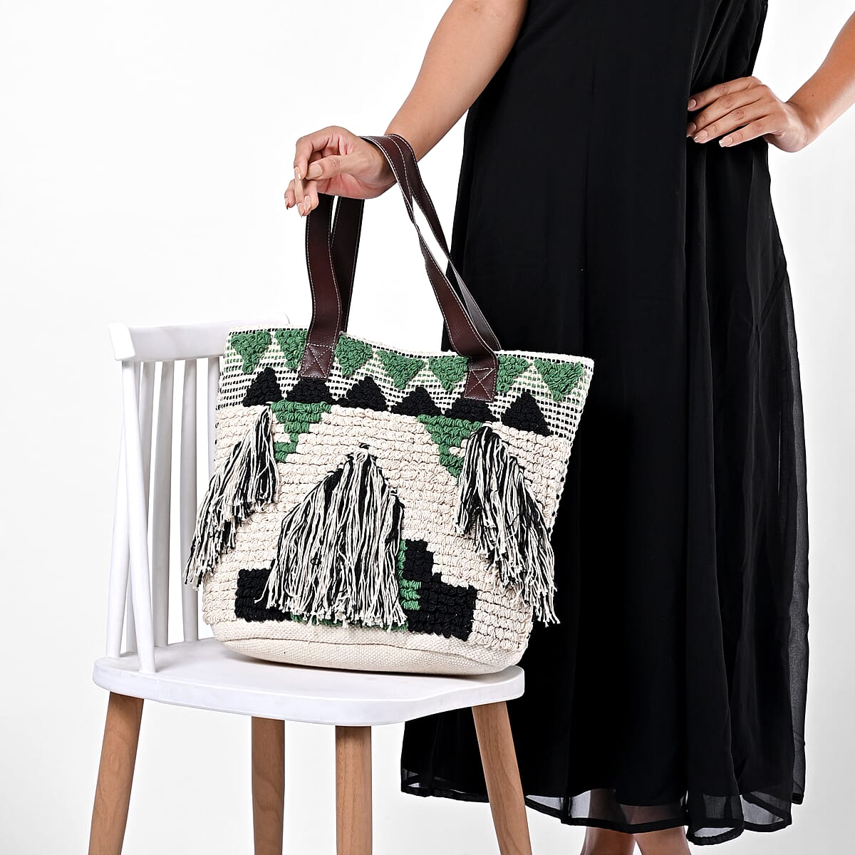 Green Cotton and Jacquard Tote Bag with Faux Leather Handle image number 2