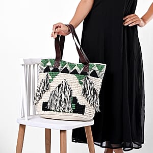 Green Cotton and Jacquard Tote Bag with Faux Leather Handle