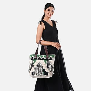 Green Cotton and Jacquard Tote Bag with Faux Leather Handle