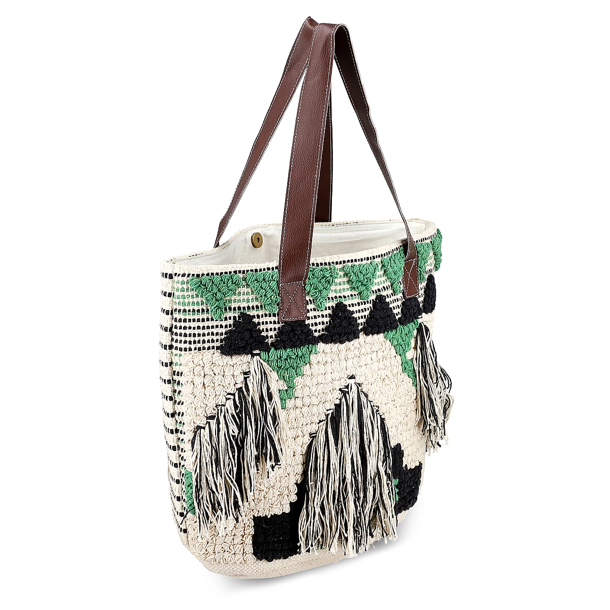 Green Cotton and Jacquard Tote Bag with Faux Leather Handle image number 4