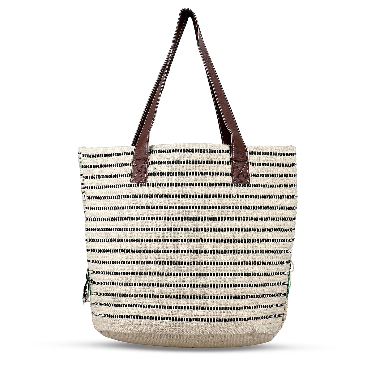 Green Cotton and Jacquard Tote Bag with Faux Leather Handle image number 5