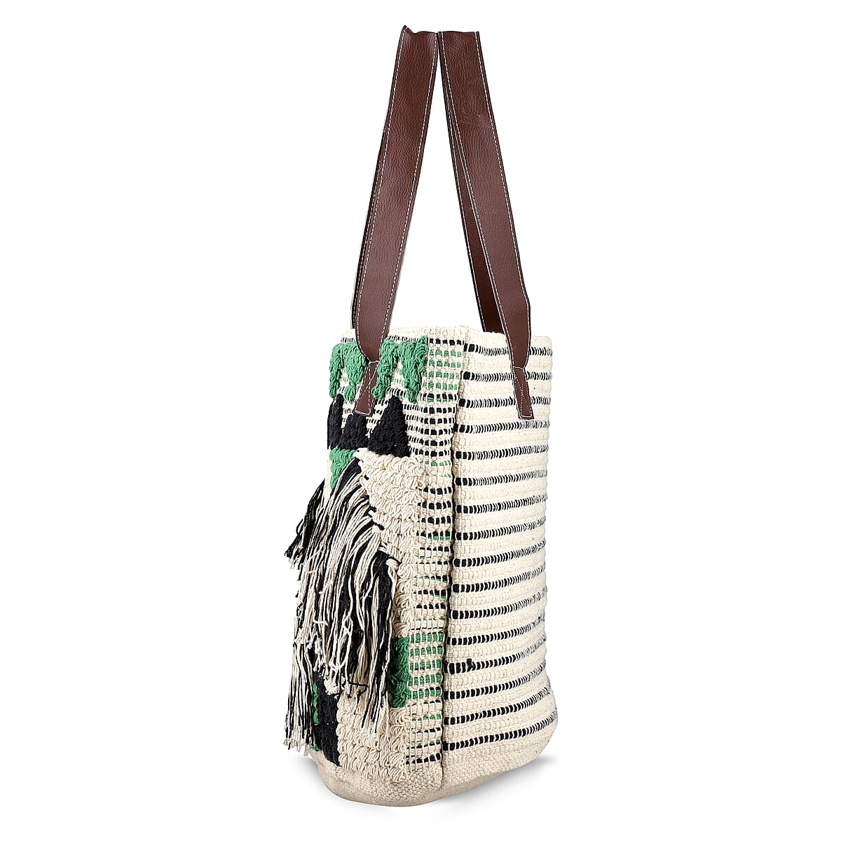 Green Cotton and Jacquard Tote Bag with Faux Leather Handle image number 6