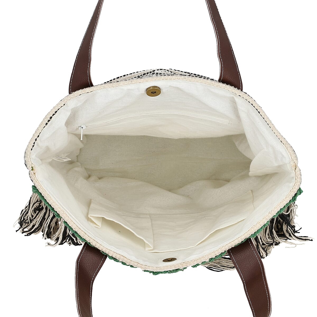 Green Cotton and Jacquard Tote Bag with Faux Leather Handle image number 8