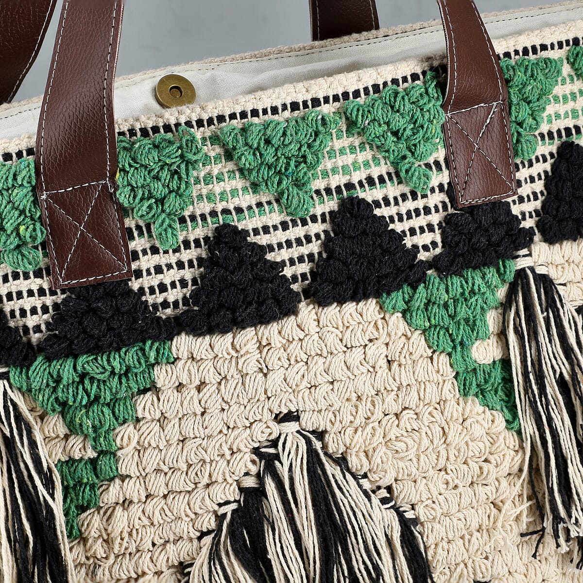 Green Cotton and Jacquard Tote Bag with Faux Leather Handle image number 9