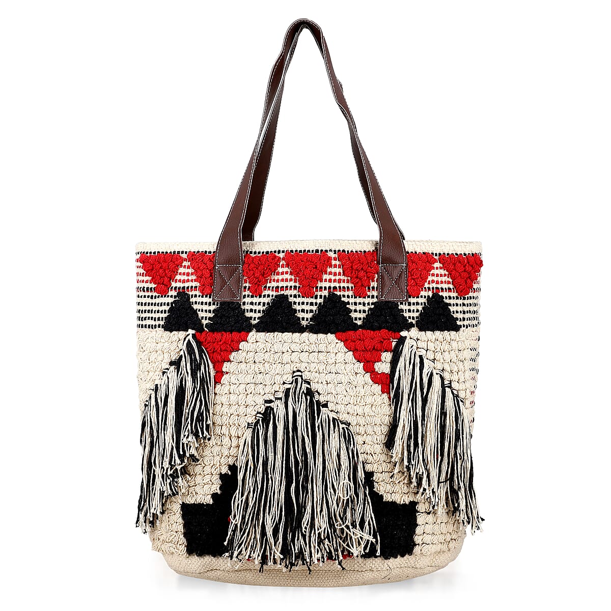 Maroon Cotton and Jacquard Tote Bag with Faux Leather Handle image number 0