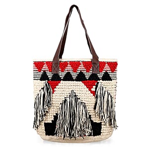 Maroon Cotton and Jacquard Tote Bag with Faux Leather Handle