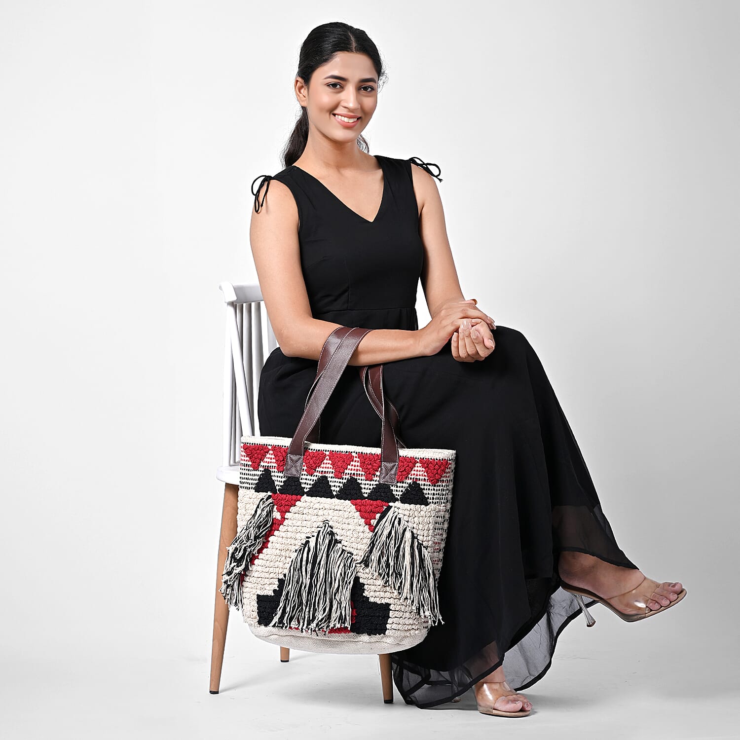 Maroon Cotton and Jacquard Tote Bag with Faux Leather Handle