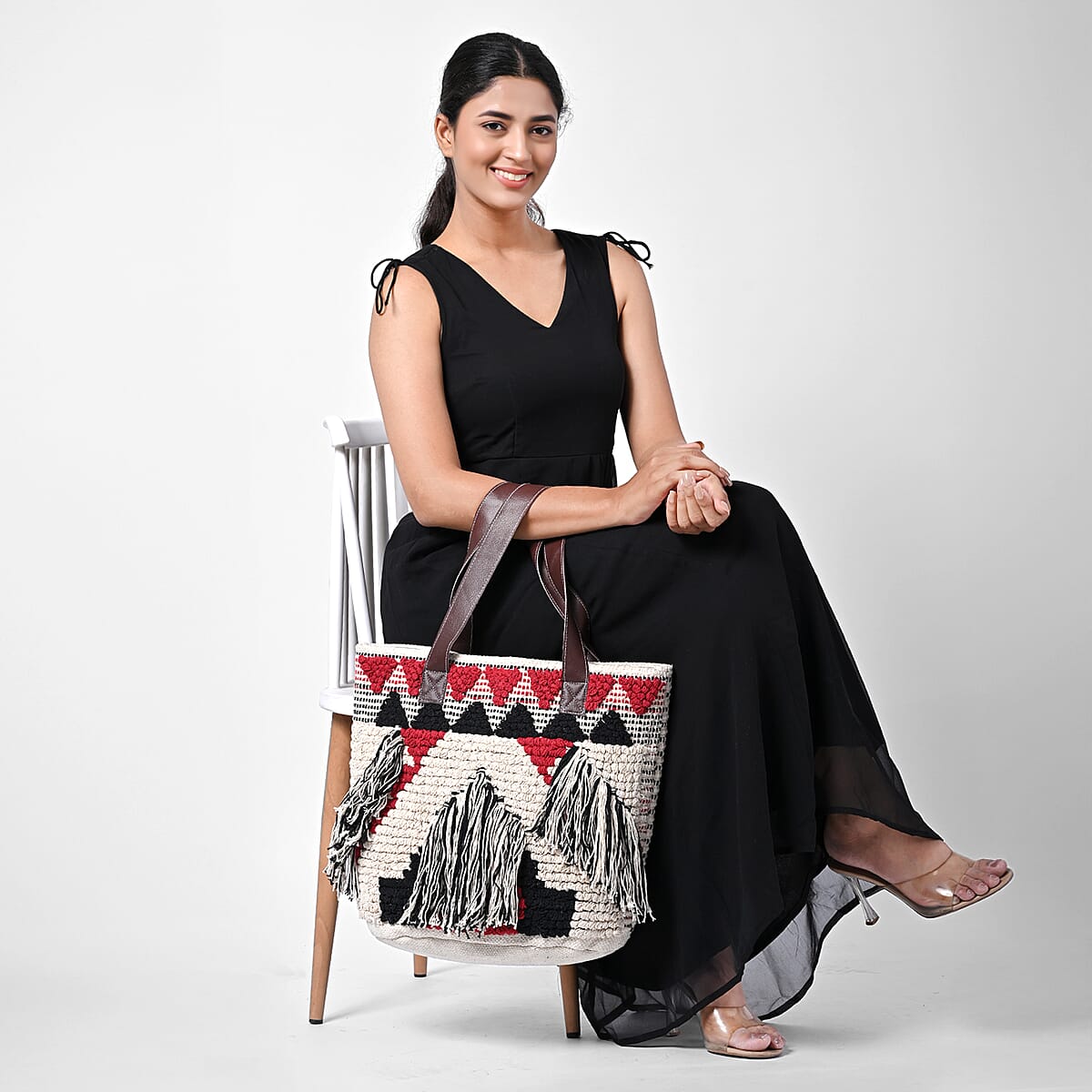 Maroon Cotton and Jacquard Tote Bag with Faux Leather Handle image number 1