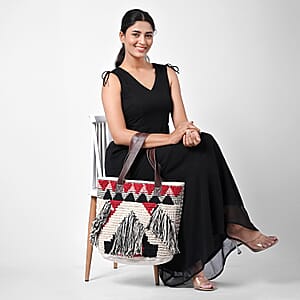 Maroon Cotton and Jacquard Tote Bag with Faux Leather Handle