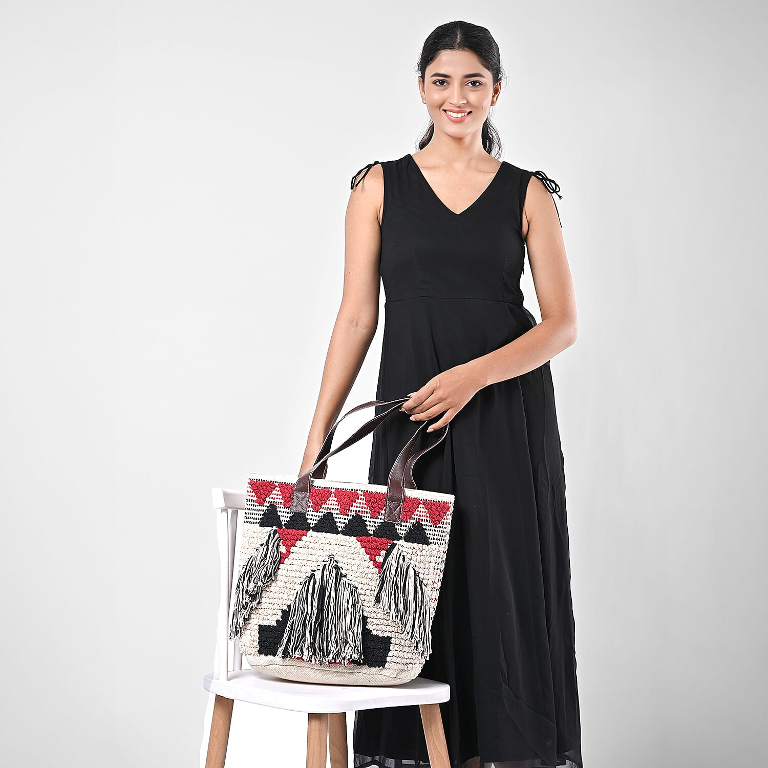 Maroon Cotton and Jacquard Tote Bag with Faux Leather Handle