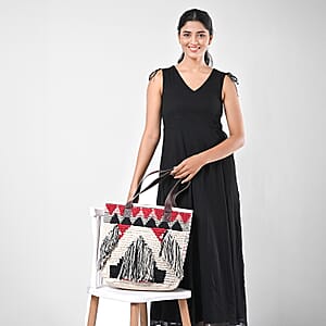 Maroon Cotton and Jacquard Tote Bag with Faux Leather Handle