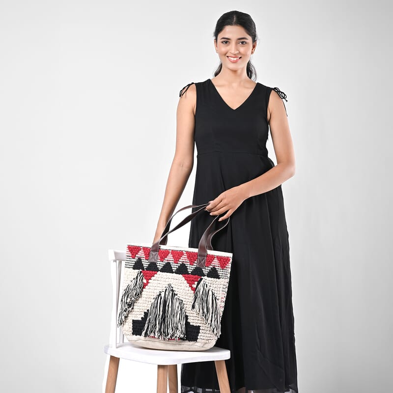 Maroon Cotton and Jacquard Tote Bag with Faux Leather Handle