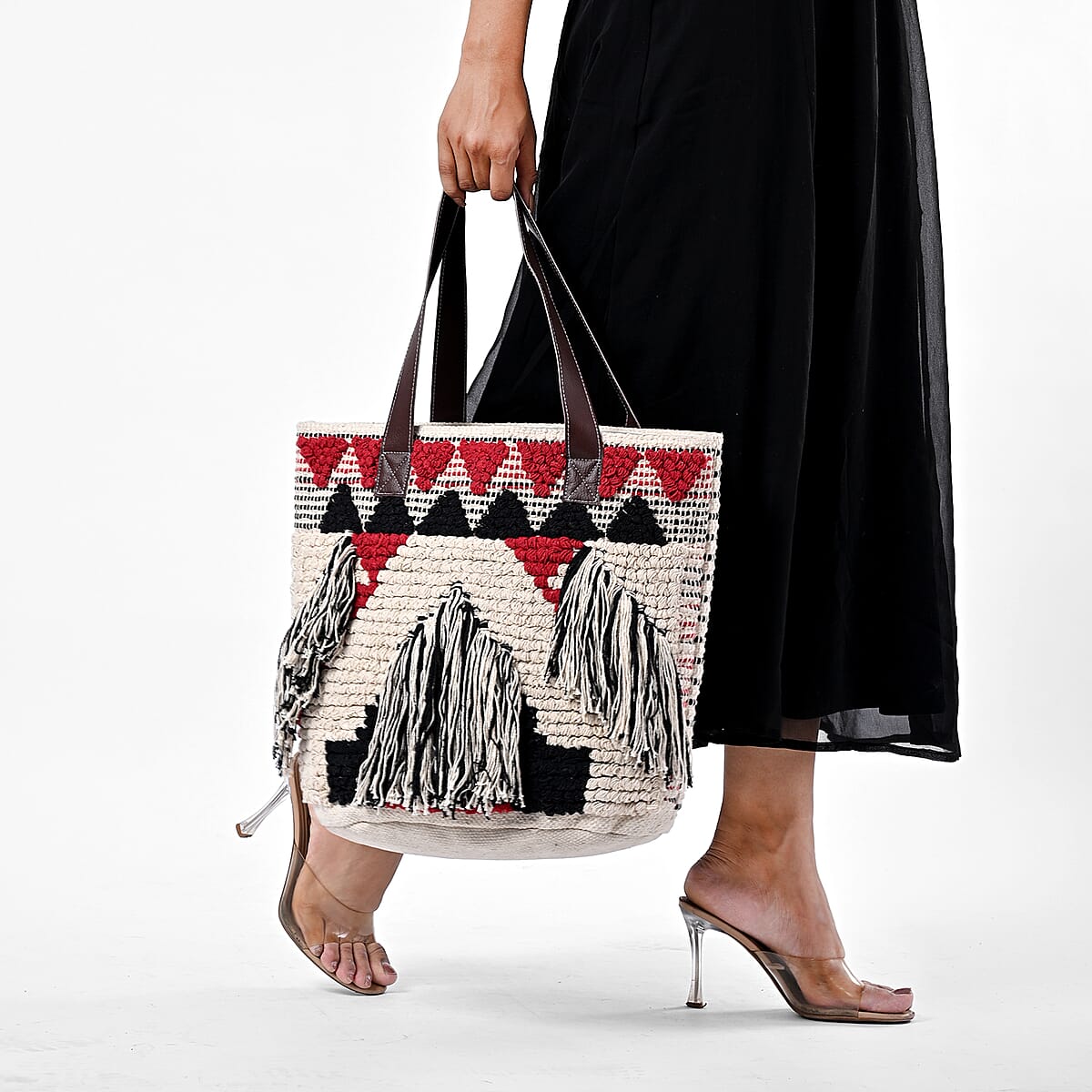 Maroon Cotton and Jacquard Tote Bag with Faux Leather Handle image number 3