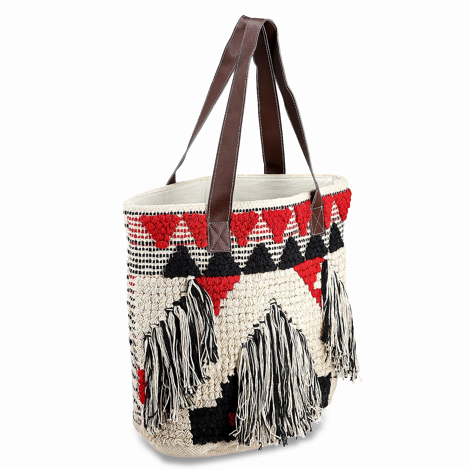 Maroon Cotton and Jacquard Tote Bag with Faux Leather Handle