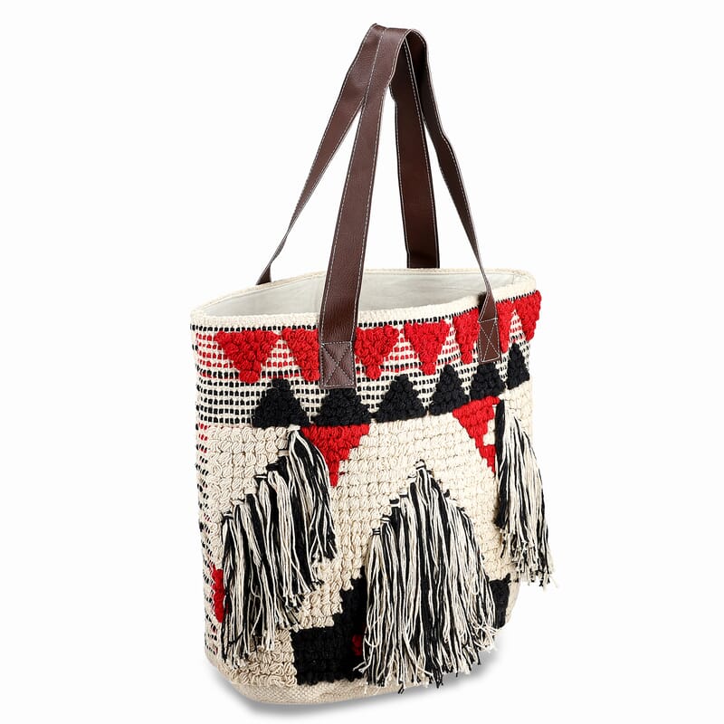 Maroon Cotton and Jacquard Tote Bag with Faux Leather Handle