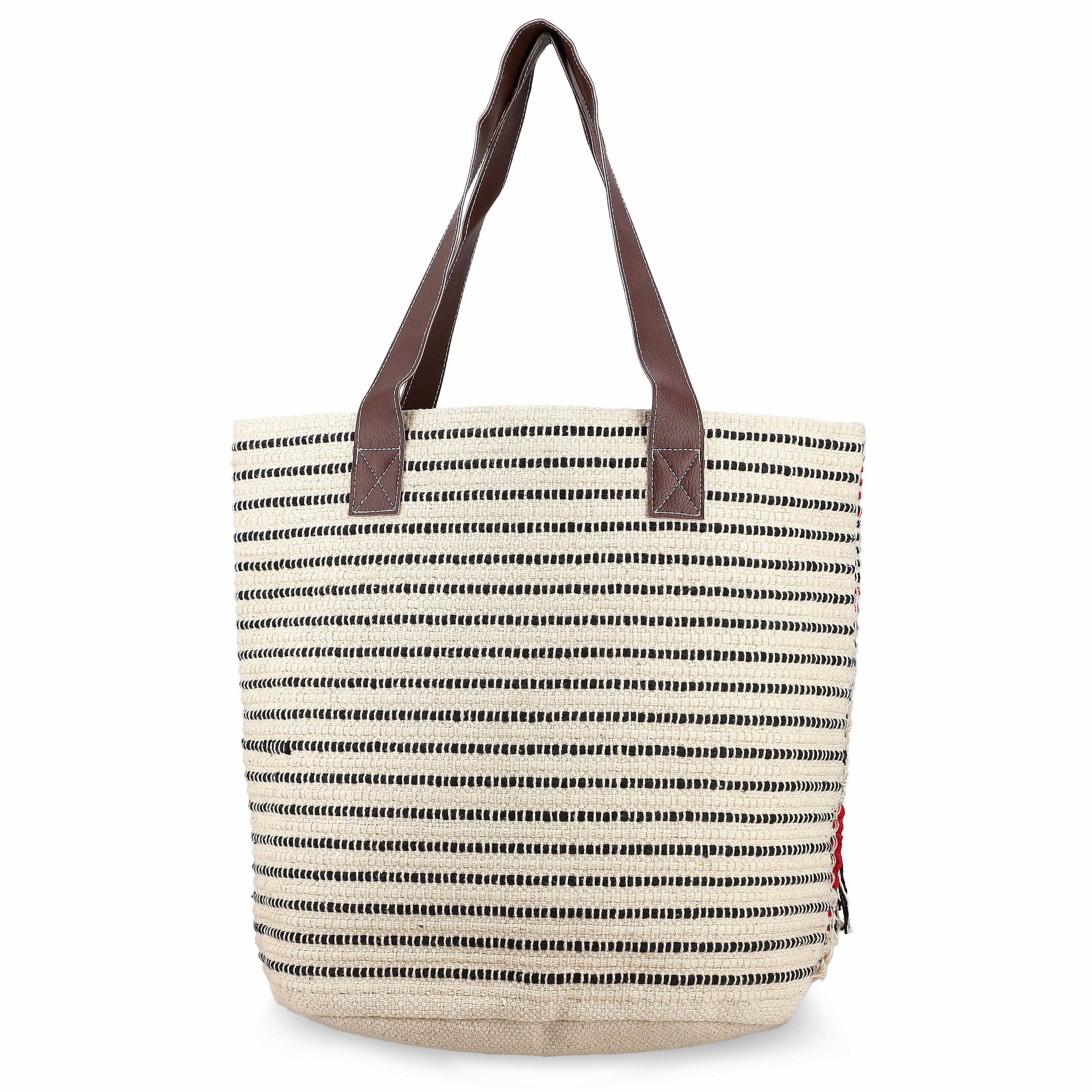 Maroon Cotton and Jacquard Tote Bag with Faux Leather Handle