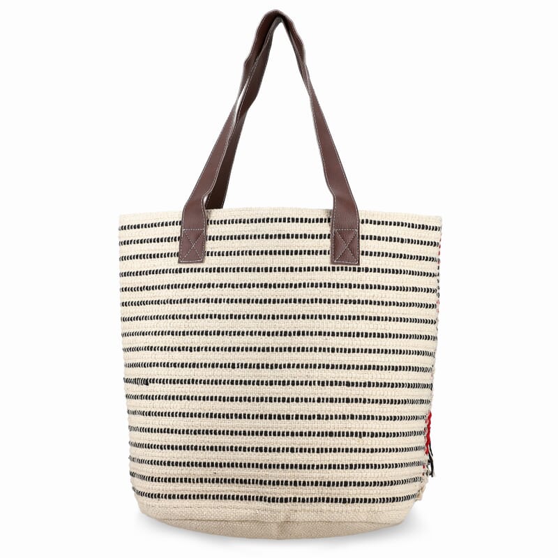 Maroon Cotton and Jacquard Tote Bag with Faux Leather Handle