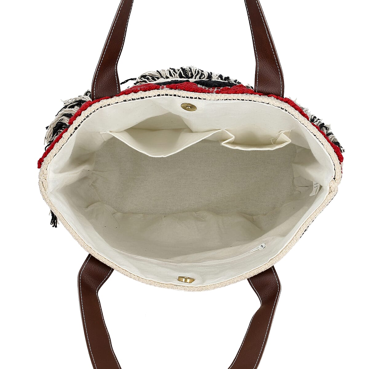 Maroon Cotton and Jacquard Tote Bag with Faux Leather Handle image number 7