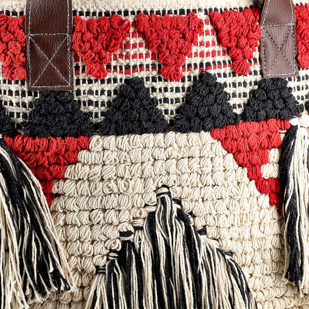 Maroon Cotton and Jacquard Tote Bag with Faux Leather Handle image number 8